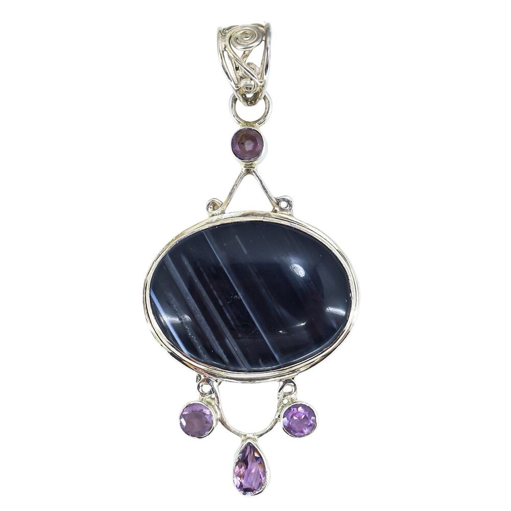 925 Sterling Black Agate Amethyst Statement Pendant 3” Gothic Witchy Dark Fairy